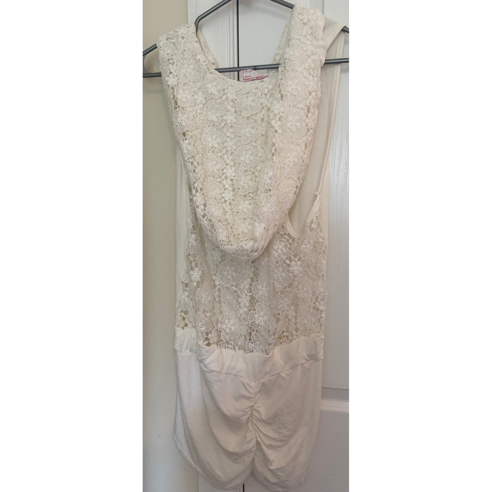 Beach Bunny Ivory Lace Back Hooded Romper Cover Up Sleeveless Zip Front White‎ L